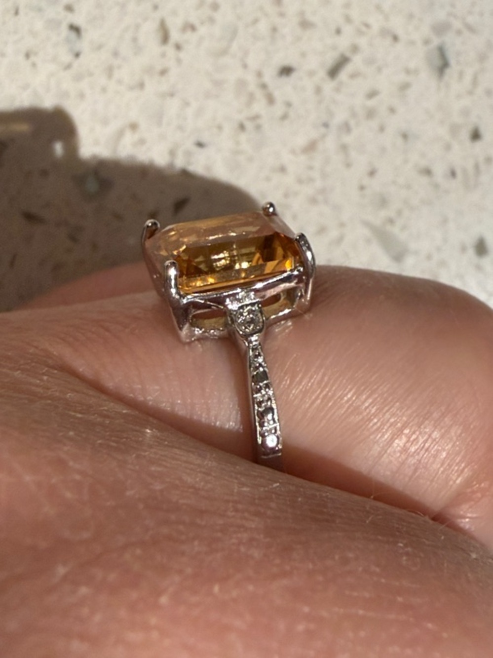 Natural Emerald-Cut Citrine Stone and Diamond Accent Ring - Picture 5 of 6